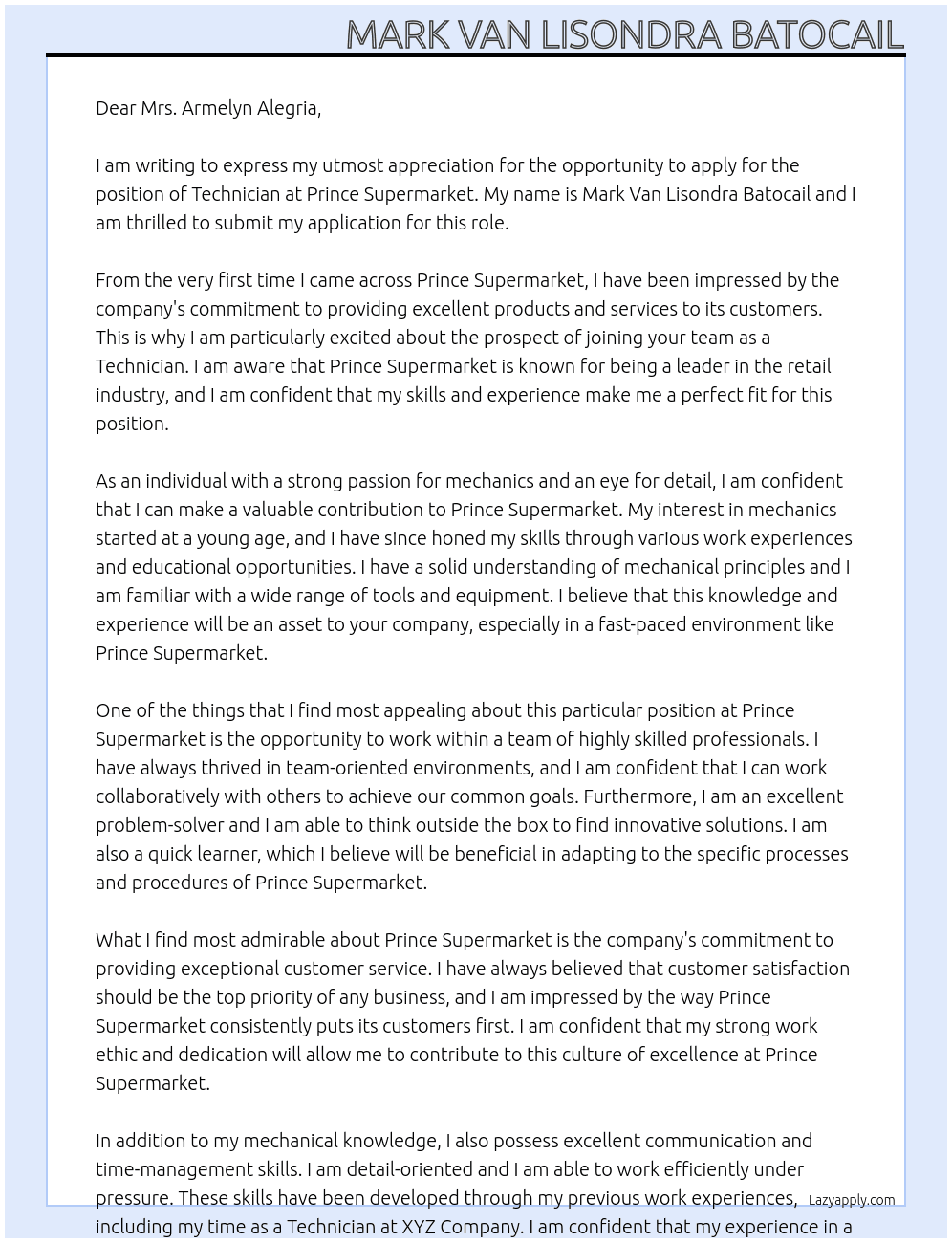 Technician At Prince Supermarket Cover Letter