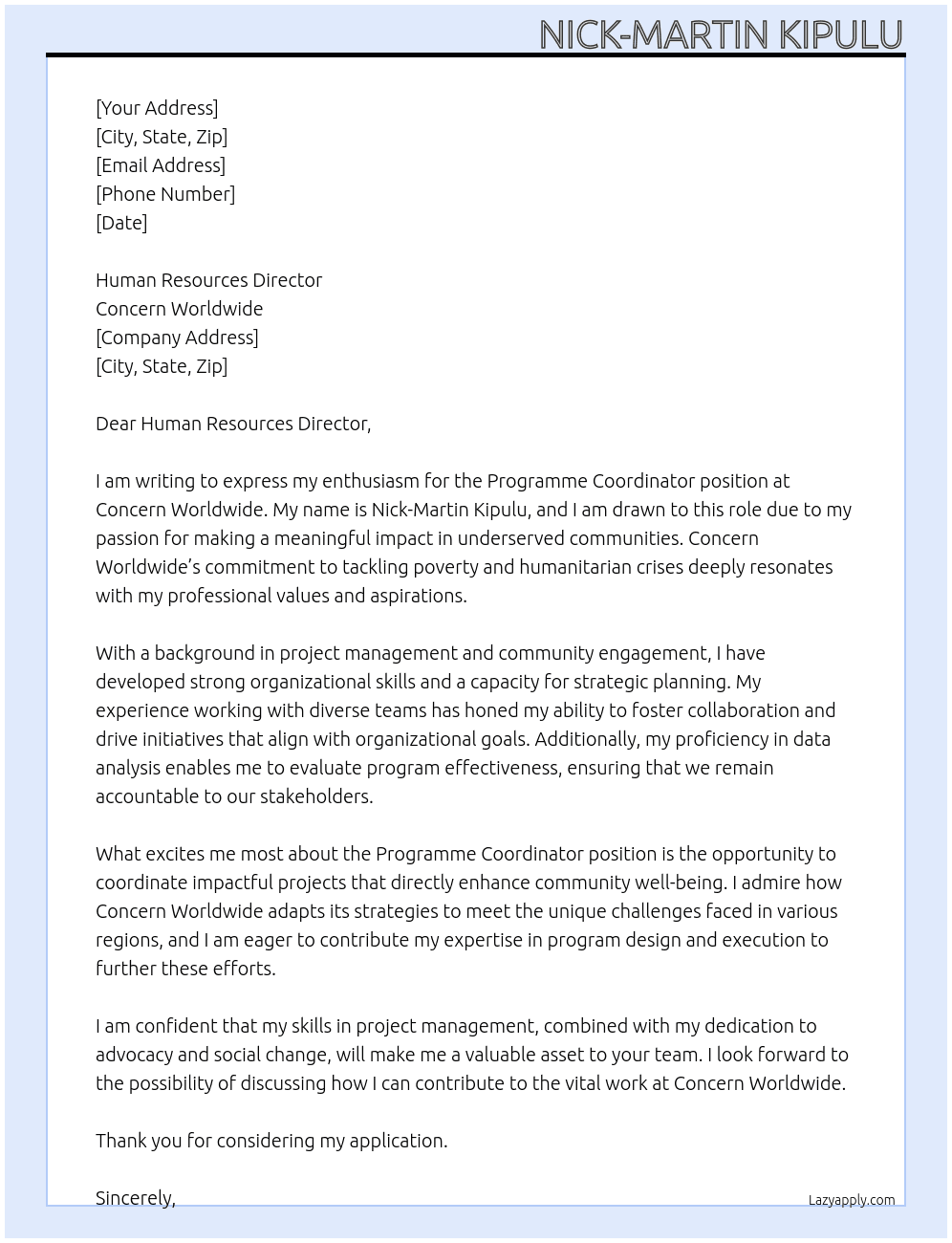 Programme Coordinator At Concern Worldwide Cover Letter