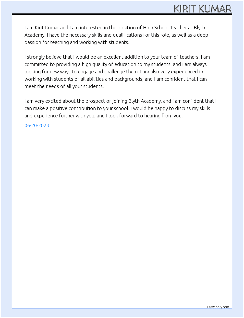 High School Teachers At Blyth Academy Cover Letter