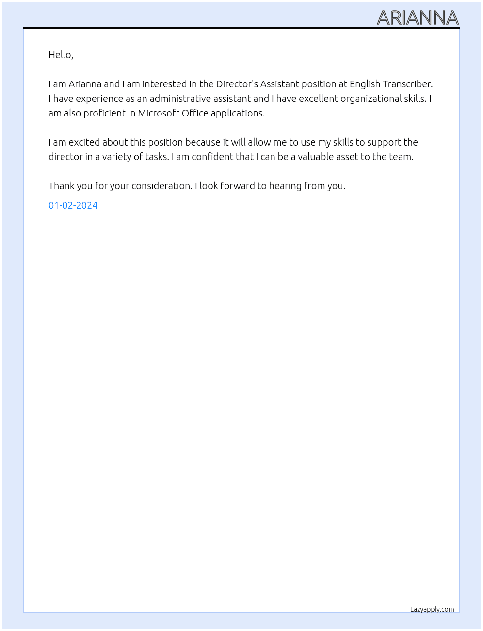 Director's Assistant At English Transcriber Cover Letter