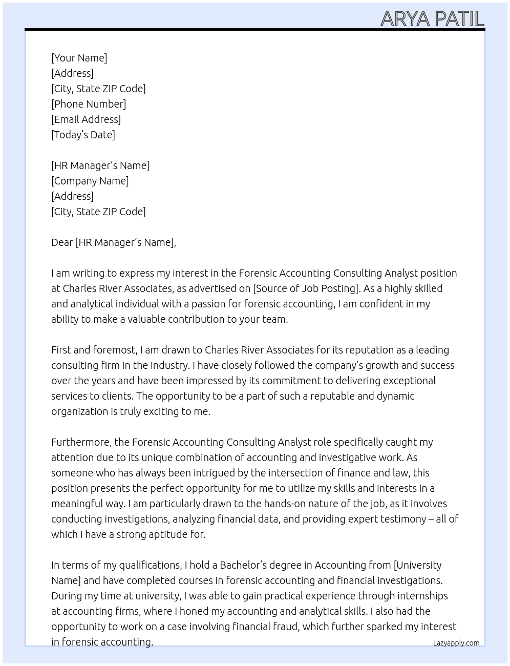  Forensic Accounting Consulting Analyst At Charles River Associates Cover Letter
