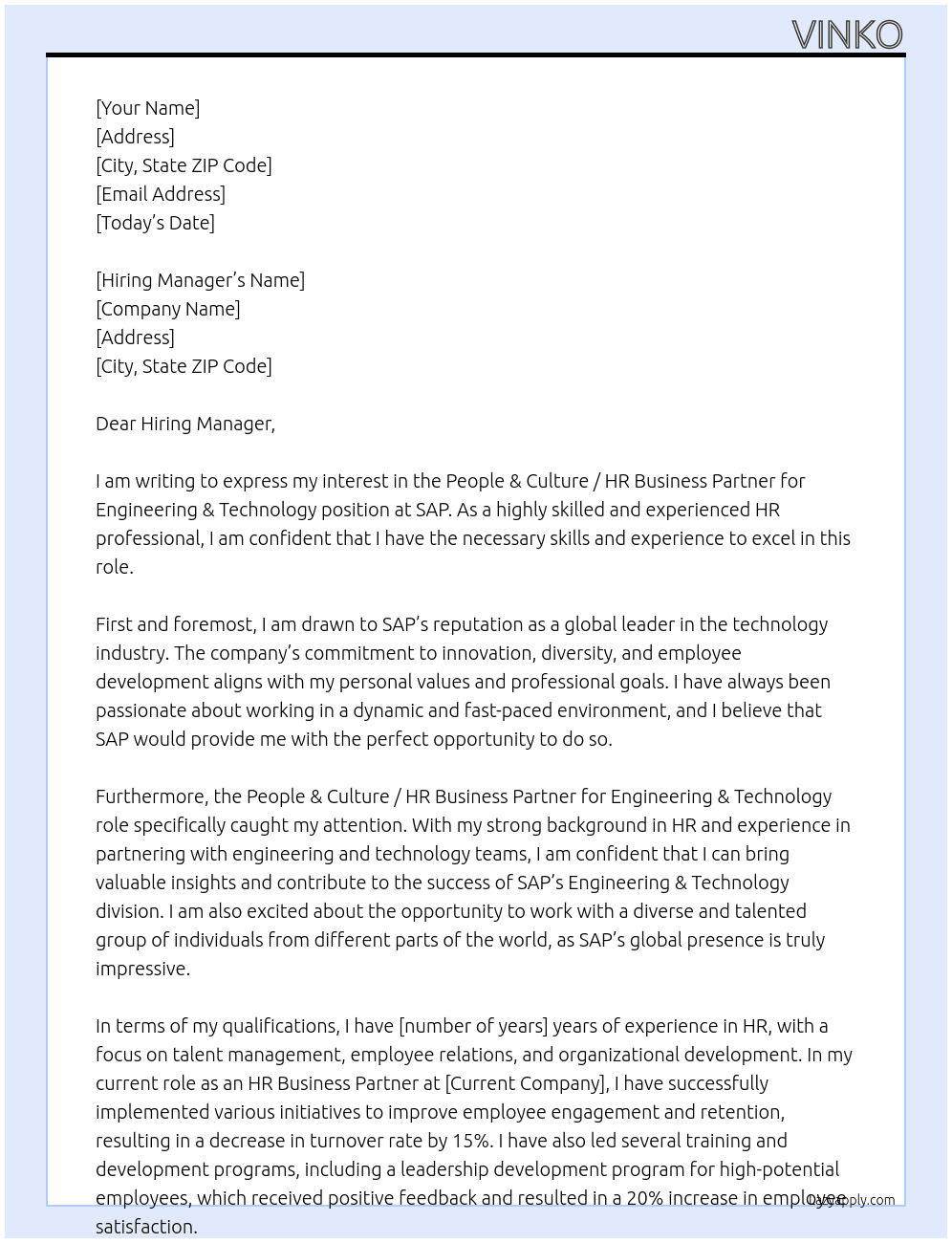 People & Culture / HR Business Partner for Engineering & Technology At SAP Cover Letter