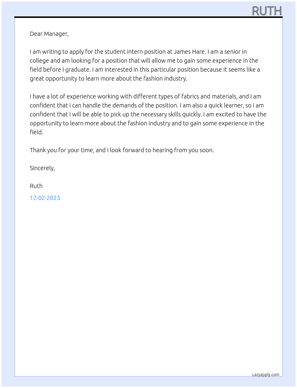 Student intern At James hare Cover Letter