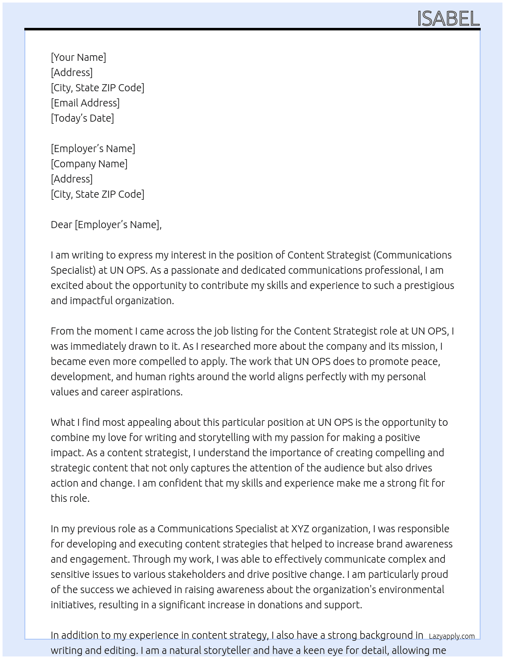 Content Strategist (Communications Specialist)  At UN OPS Cover Letter