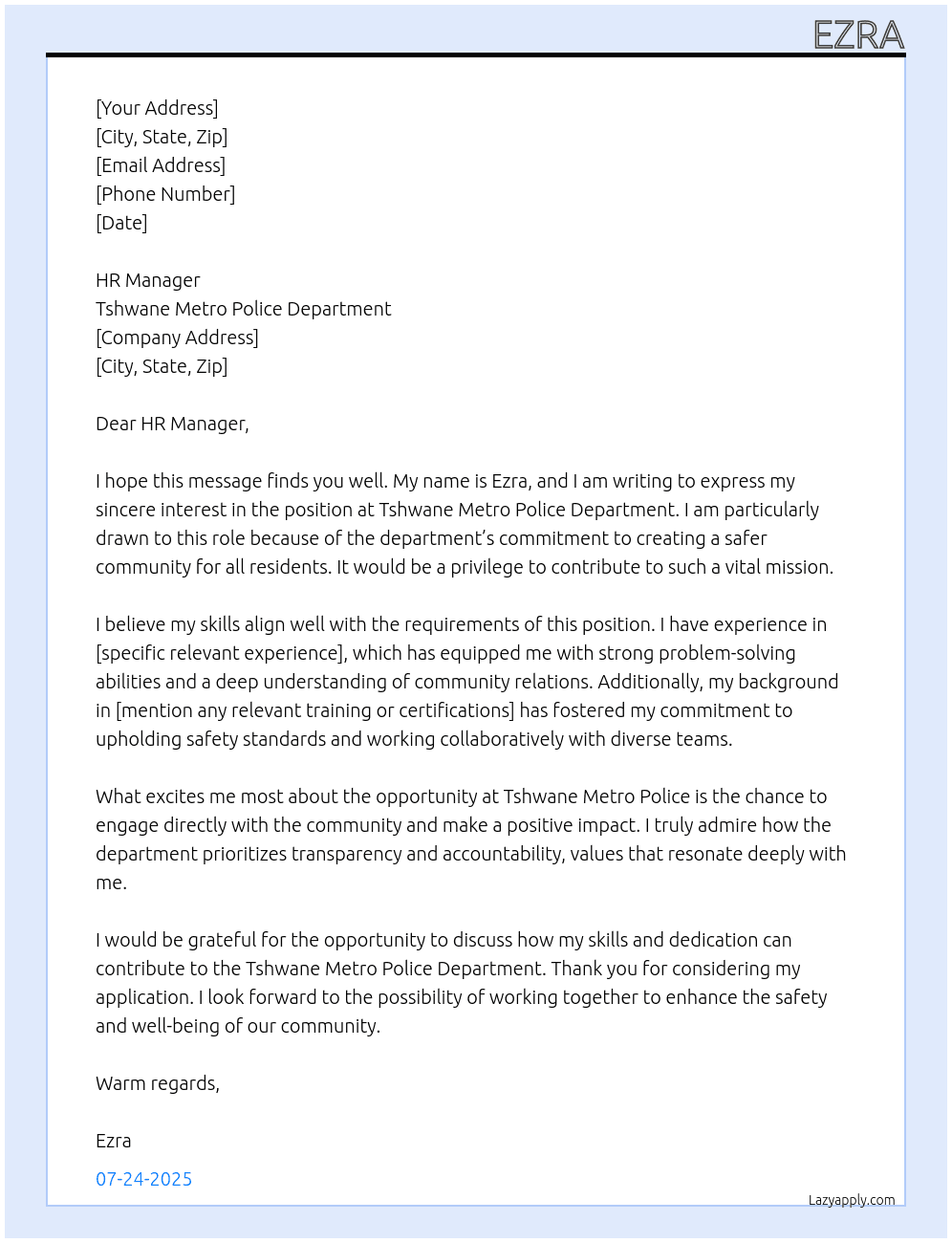 Tshwane metro police At Tshwane metro police department Cover Letter