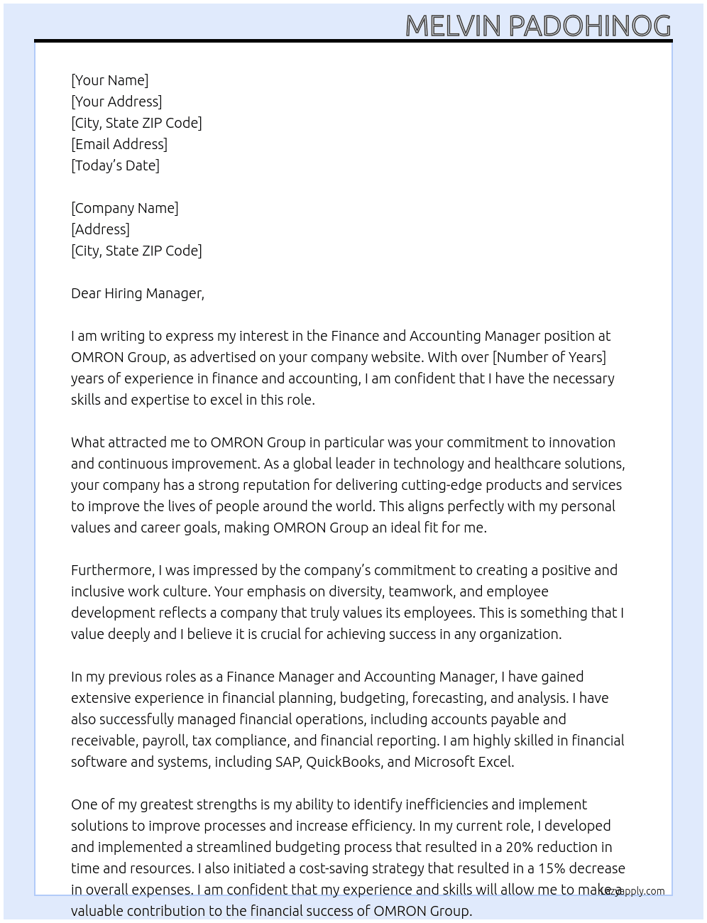 Finance and Accounting Manager At OMRON Group Cover Letter
