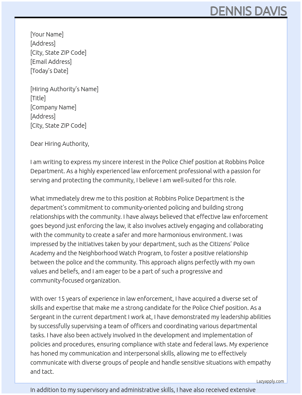 Police Chief At Robbins Police Department Cover Letter