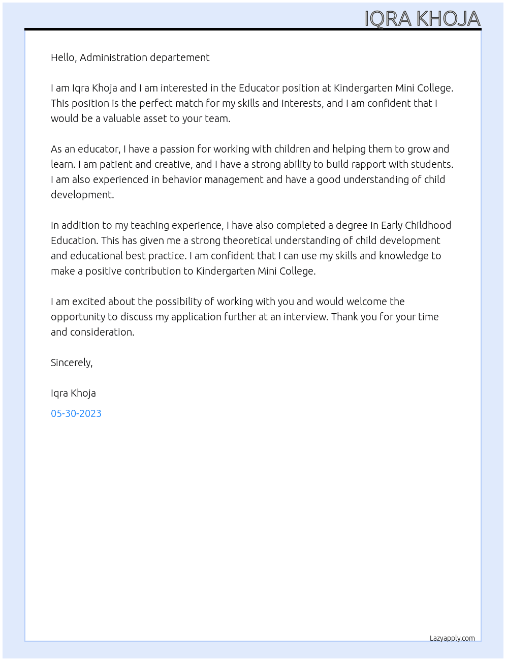 Educator At Kindergarten Mini College  Cover Letter