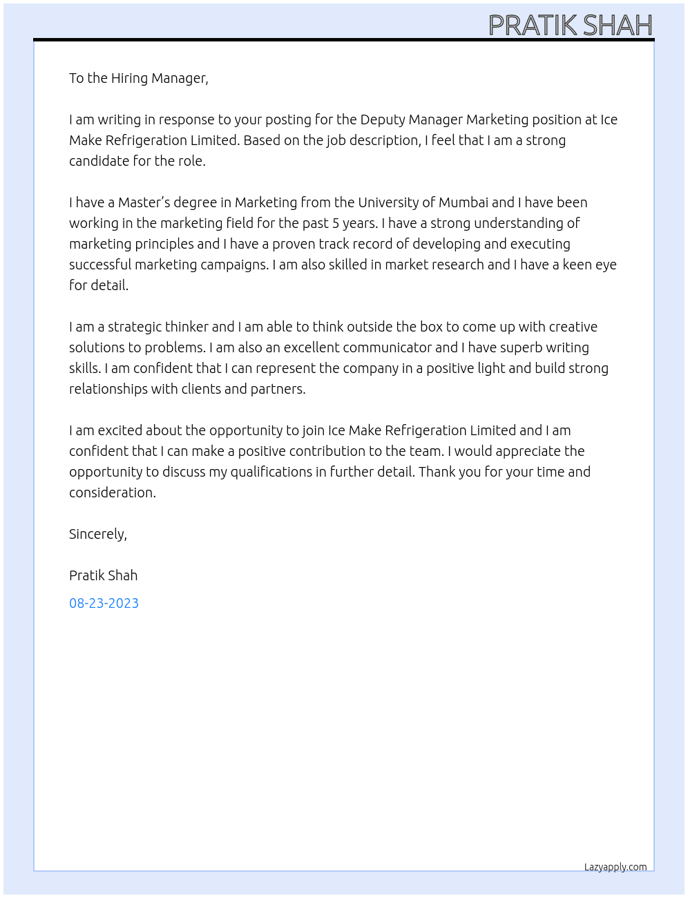 Deputy Manager Marketing  At ICE Make Refrigeration Limited Cover Letter