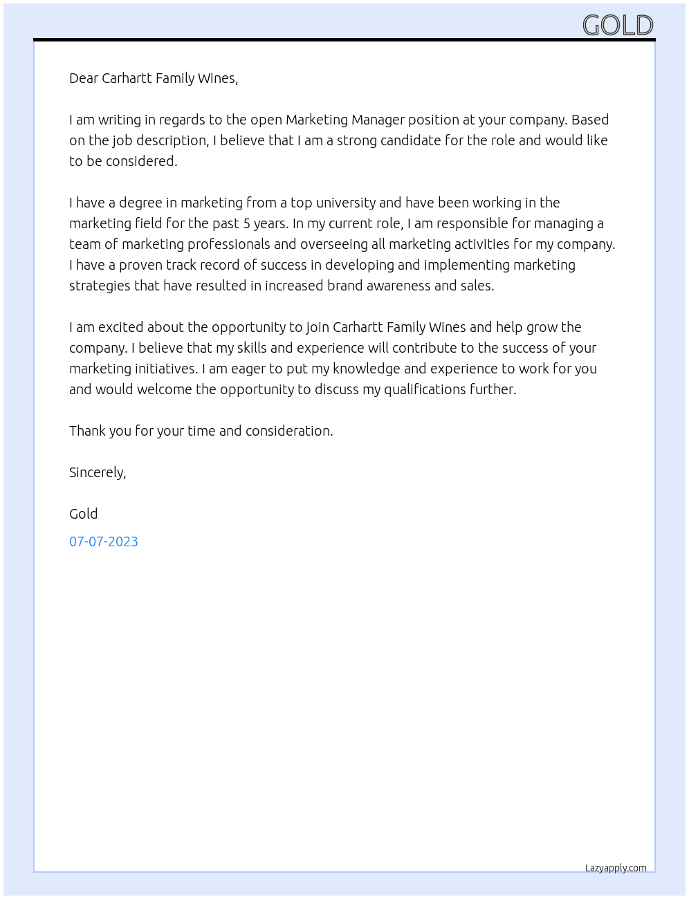 Marketing Manager At Carhartt Family Wines Cover Letter