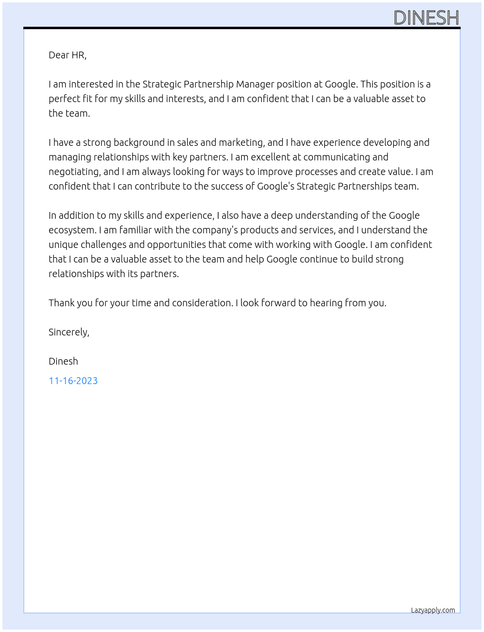 Strategic partnership manager At Google Cover Letter