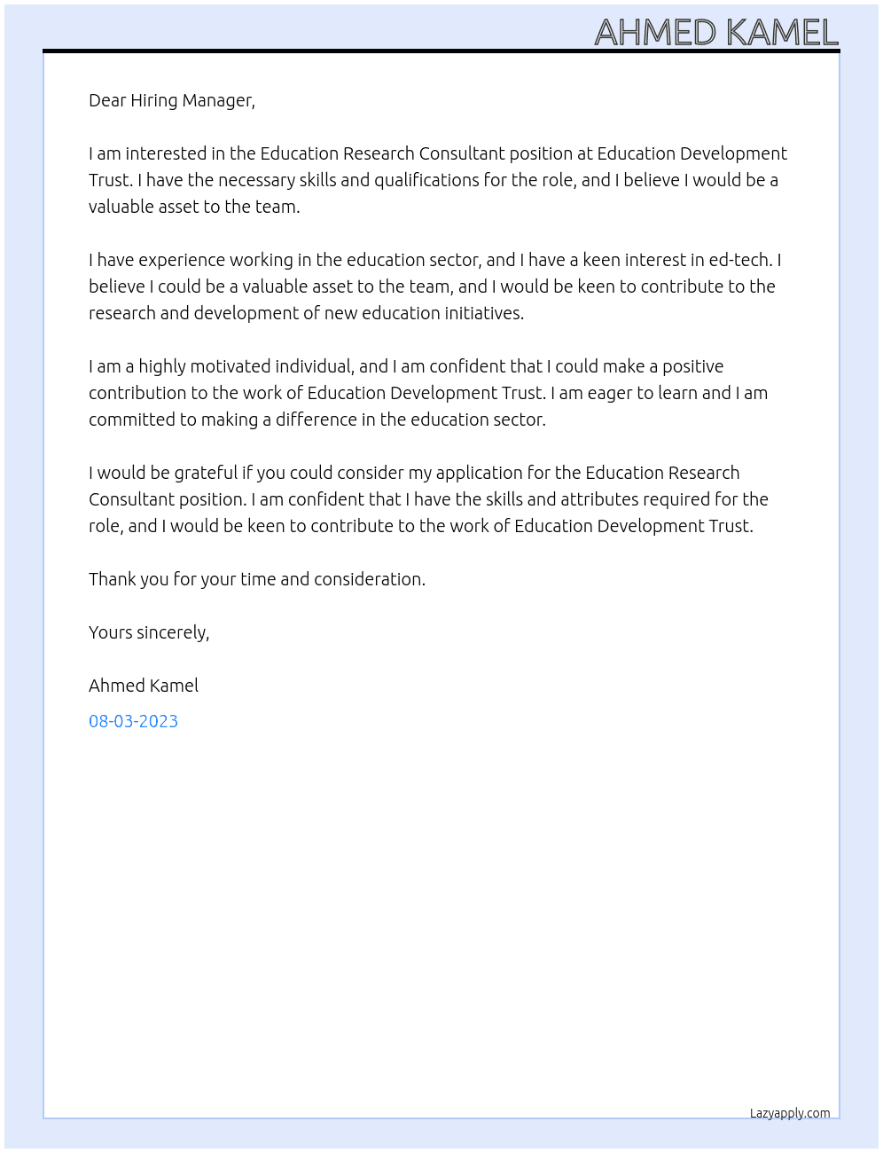 Education Research Consultant At Education Development Trust Cover Letter