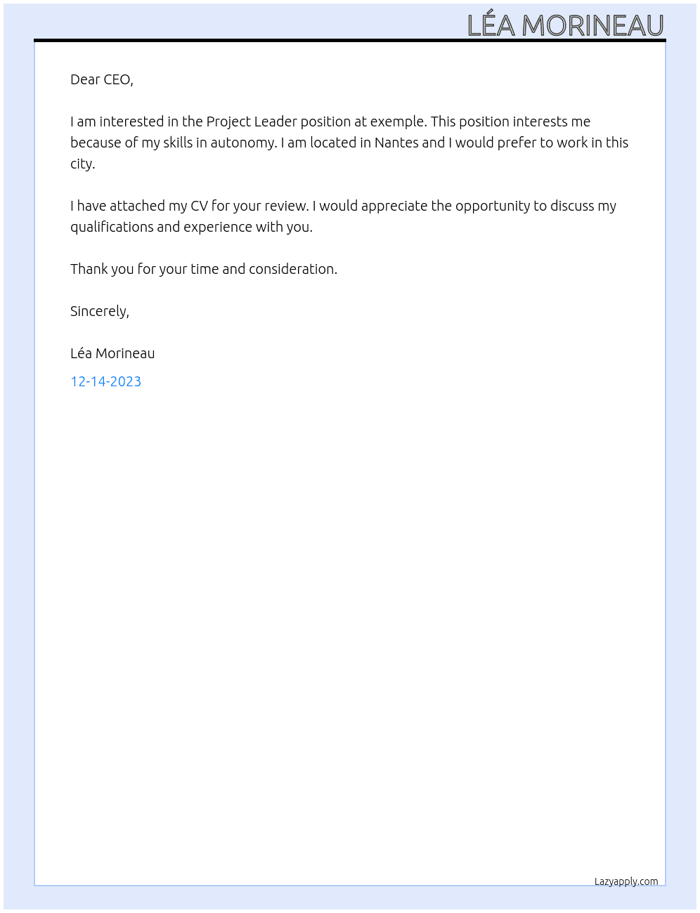 Project leader At exemple Cover Letter