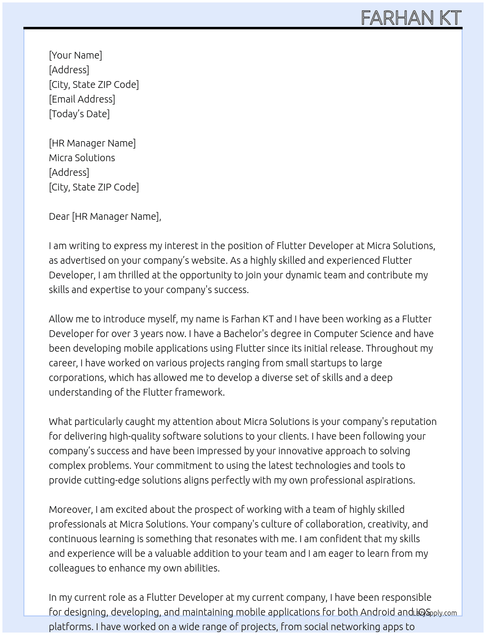 Flutter Developer At micra solution Cover Letter