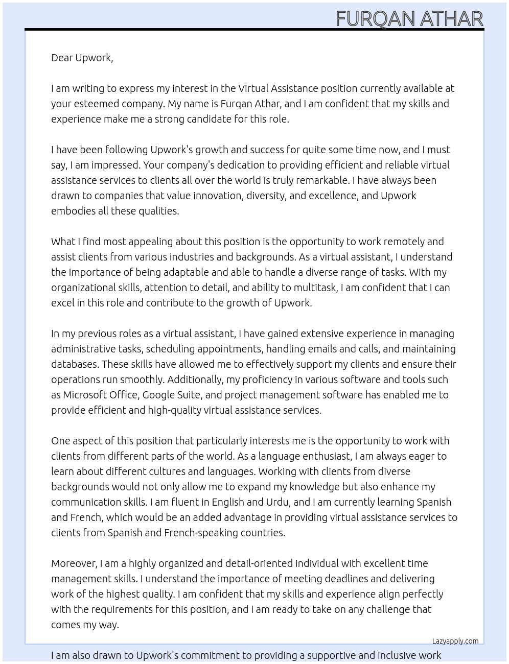 Cover letter for virtual assistance - LazyApply