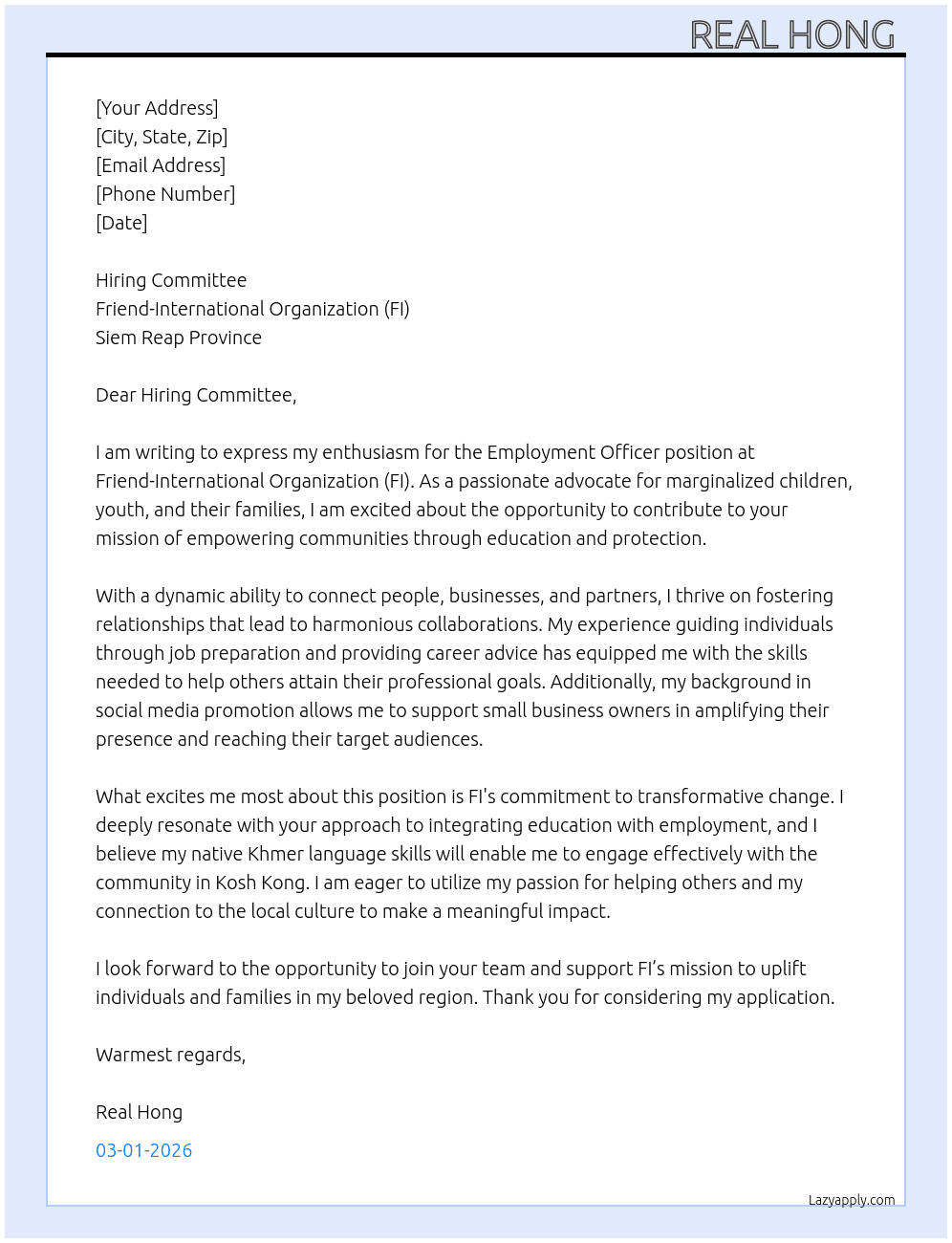 Cover letter for employment officer based in siemreap province - LazyApply