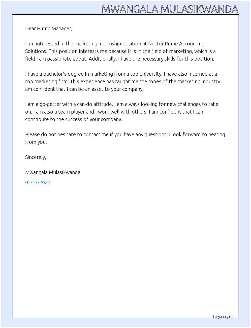 marketing internship At Nector Prime Accounting Solutions Cover Letter