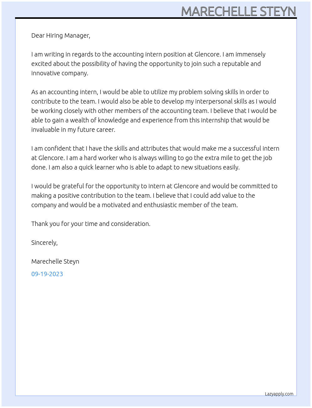 Accounting Intern At Glencore Cover Letter