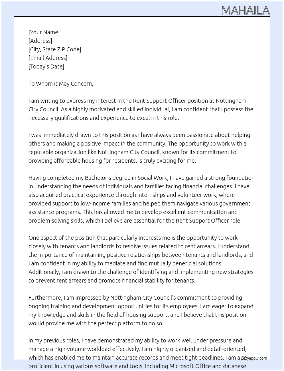 Rent Support Officer At Nottingham City Council Cover Letter