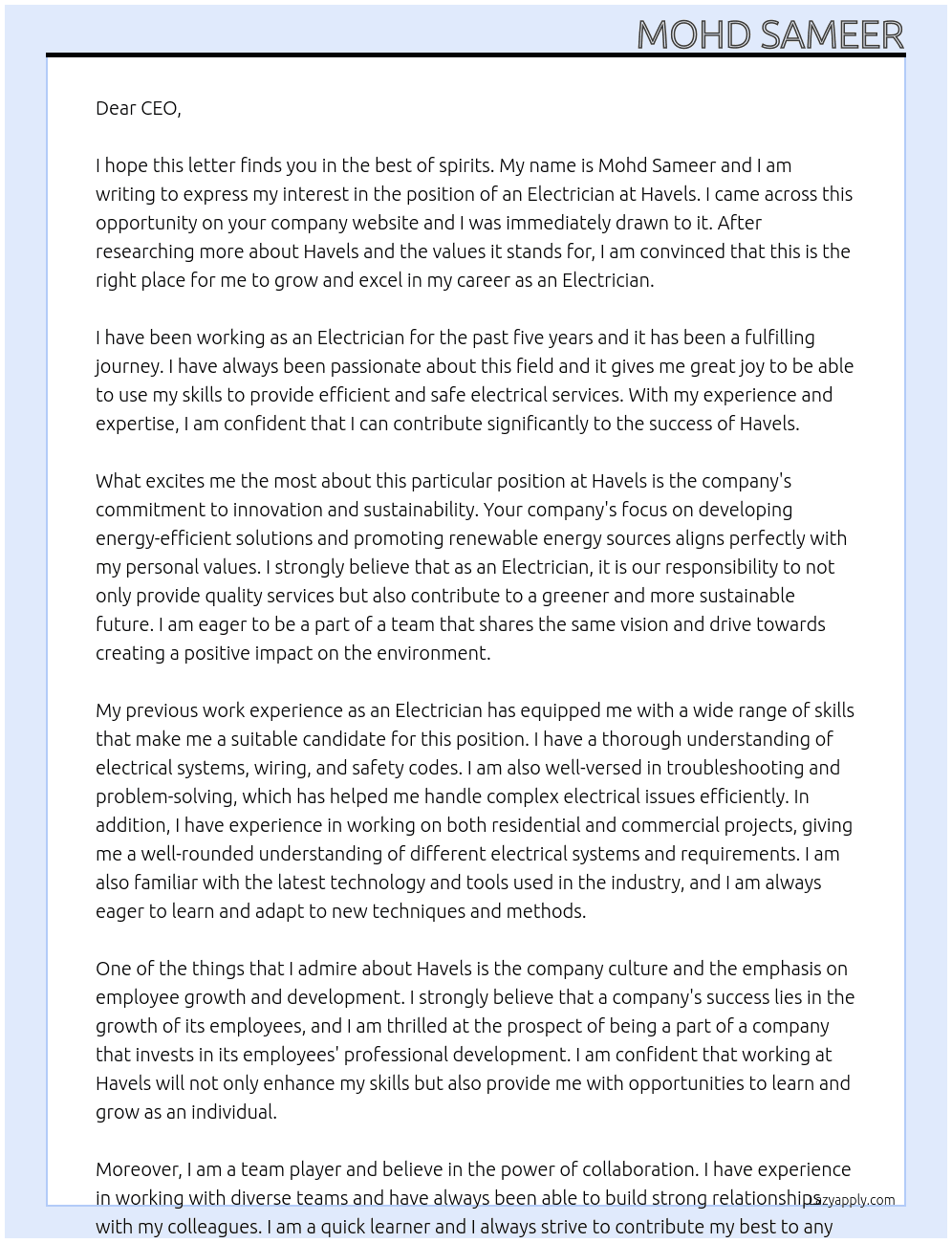 Electrion  At Havels Cover Letter