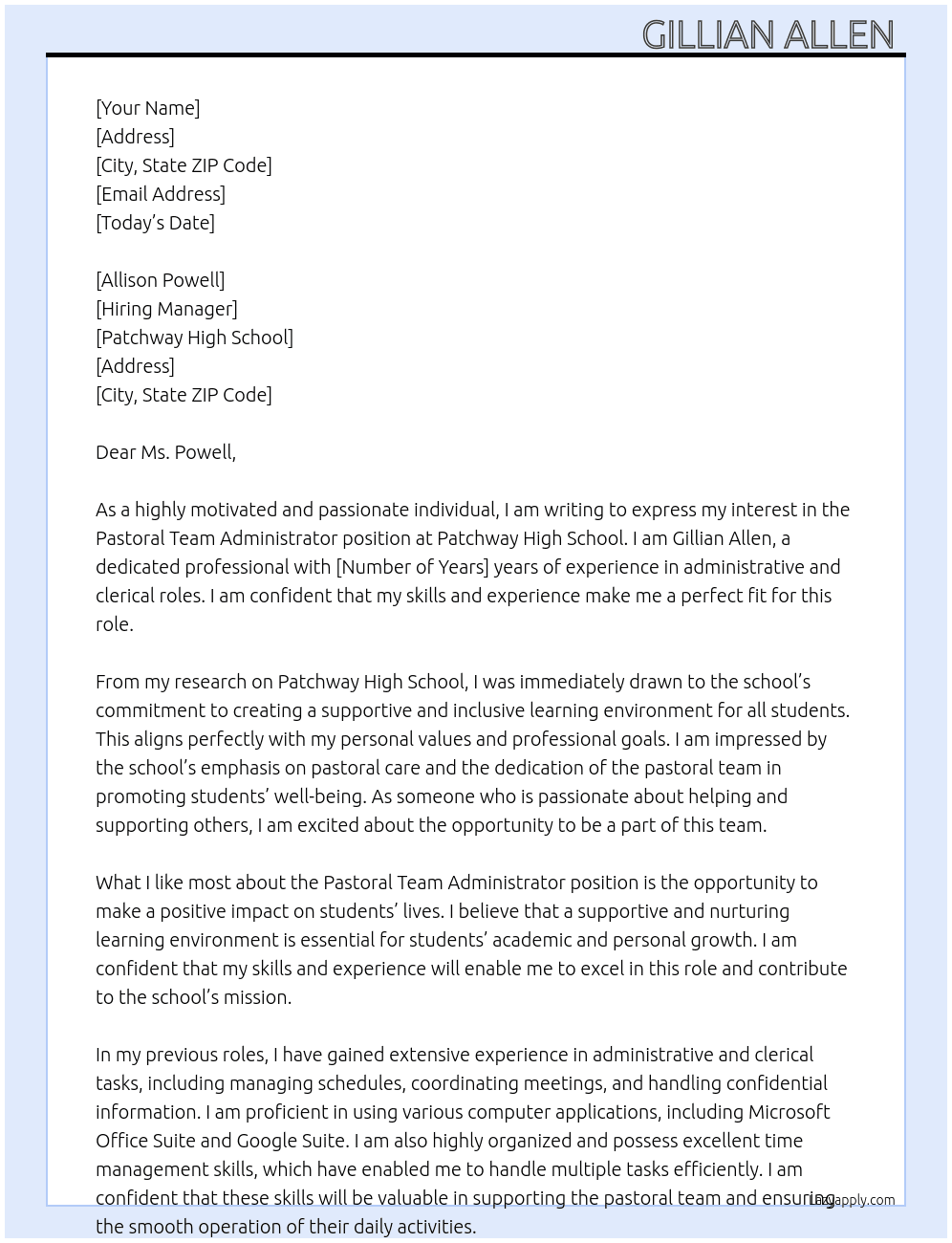 Pastoral team administator At Patchway high school Cover Letter