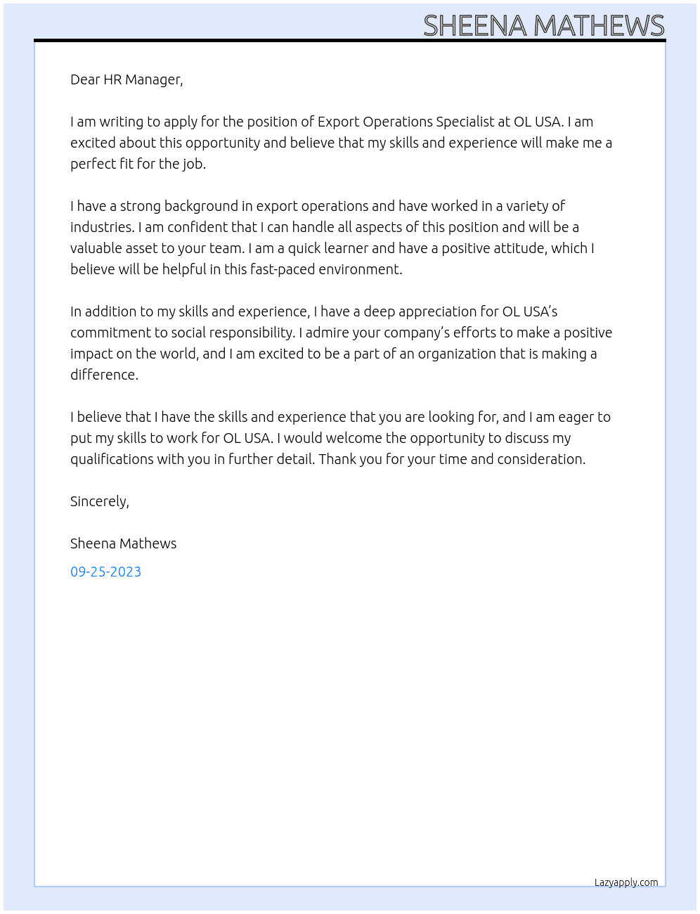 Export Operations specialist  At OL USA Cover Letter