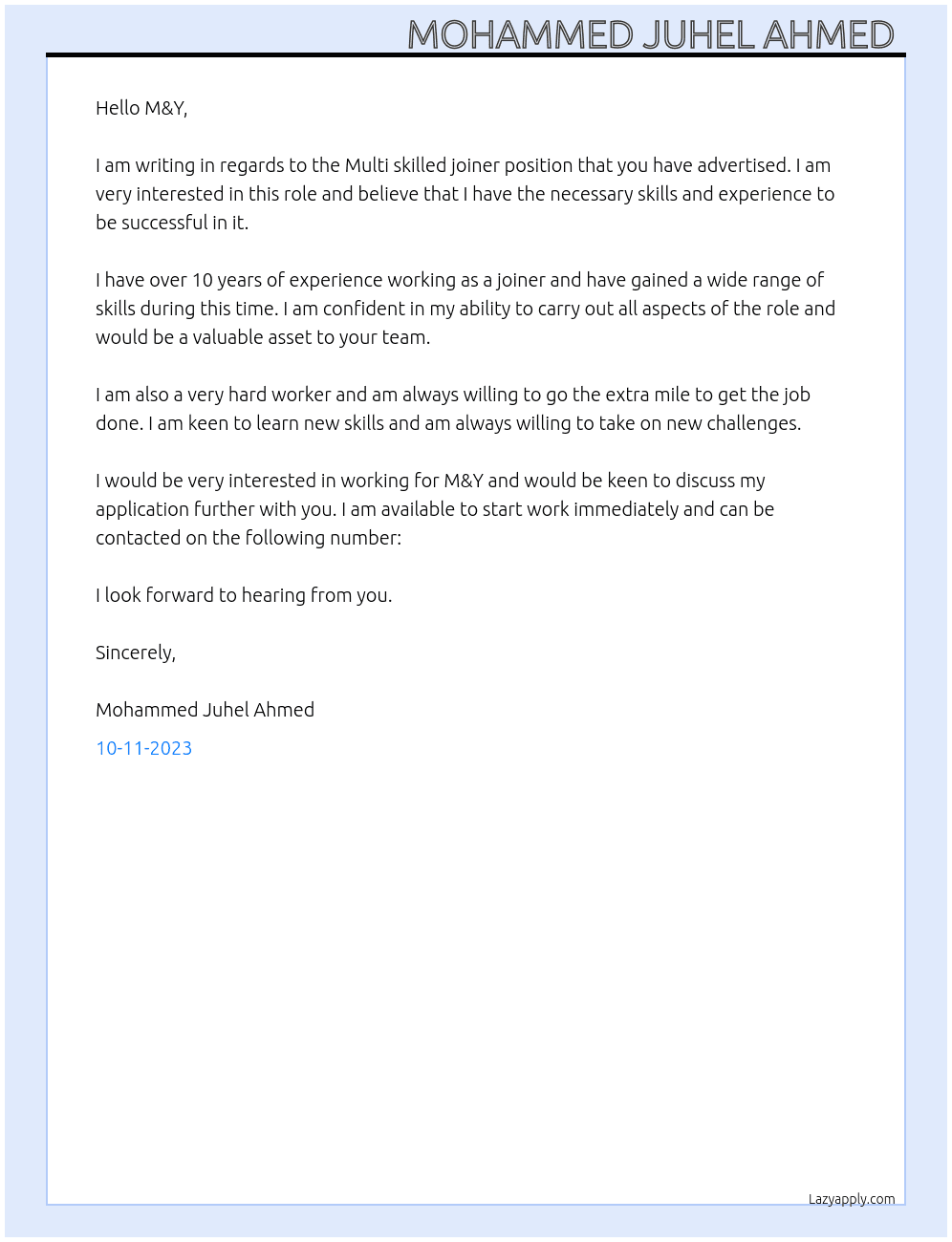 Multi skilled joiner  At M&Y Cover Letter