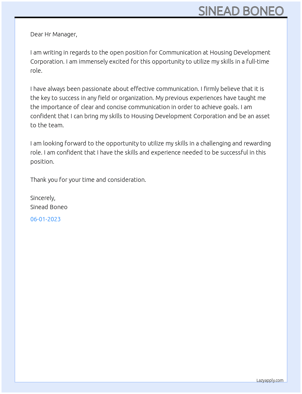 Communication At Housing Development Corporation  Cover Letter