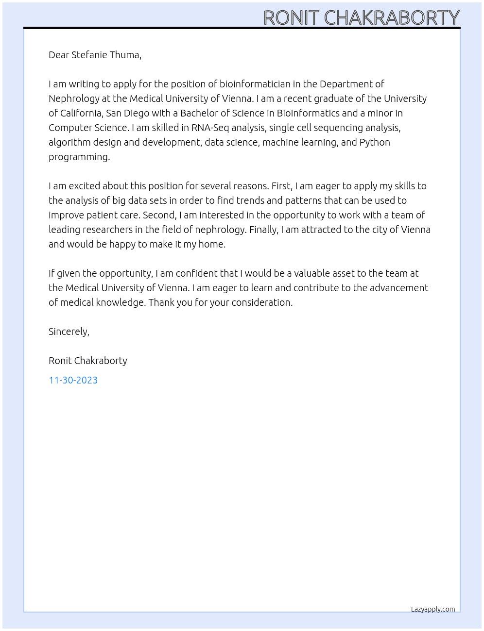 bioinformatician At Department of Nephrology, Medical University of Vienna Cover Letter