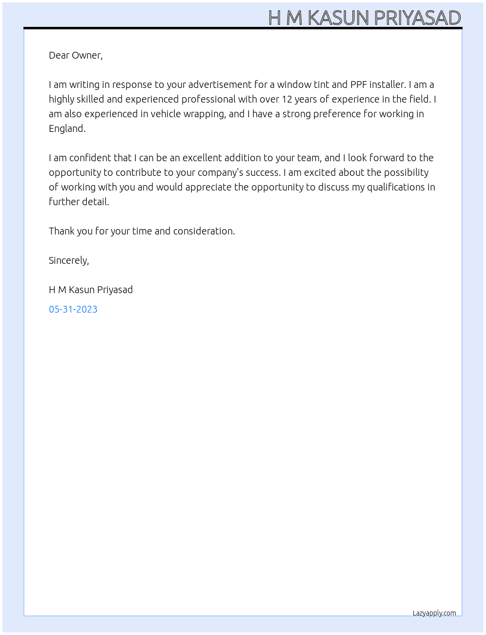 Window tint and ppf At Deans autoglass Cover Letter