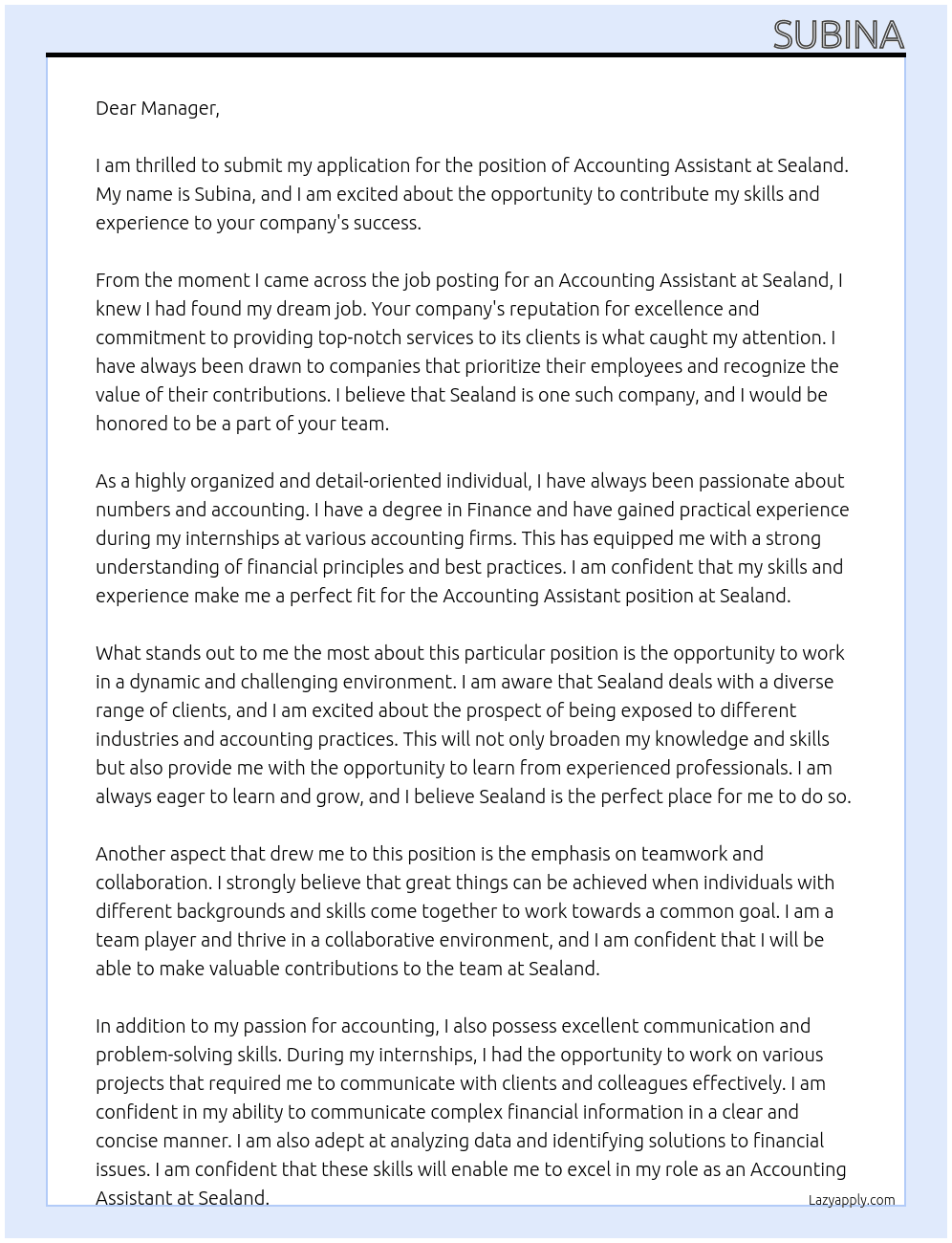 accounting assistant At sealand Cover Letter