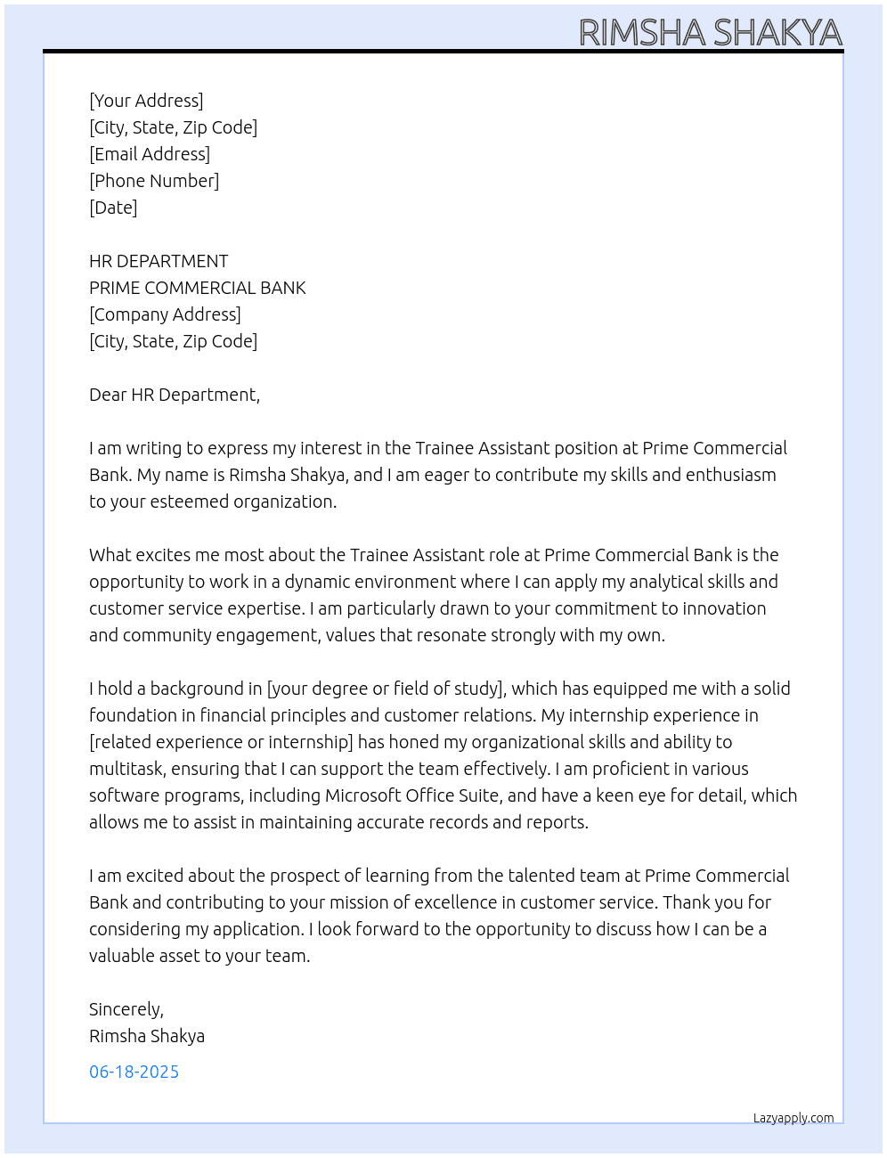TRAINEE ASSISTANT At PRIME COMMERCIAL BANK Cover Letter