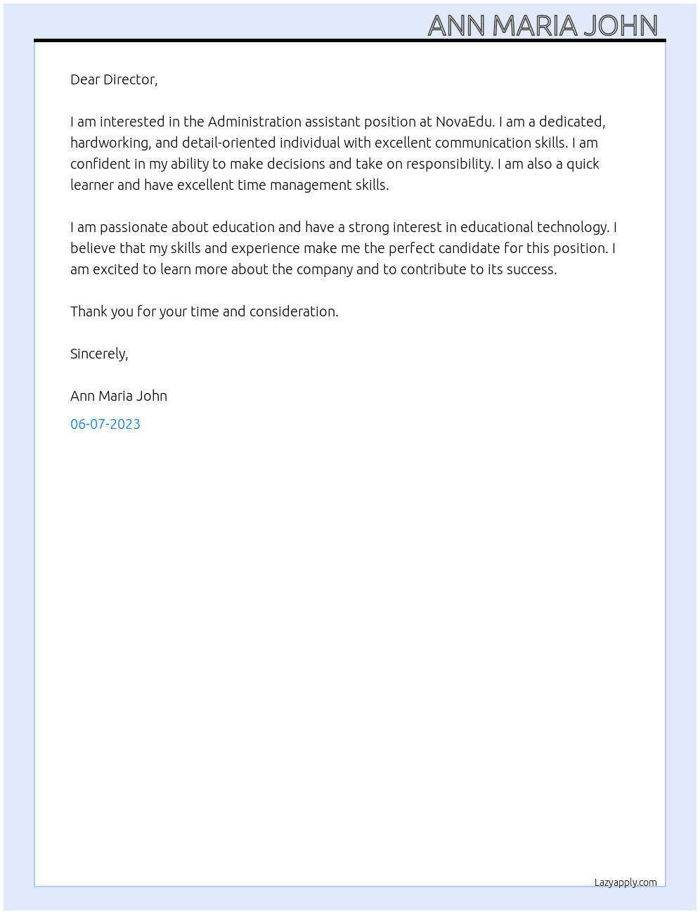 Administration assistant  At NovaEdu Cover Letter