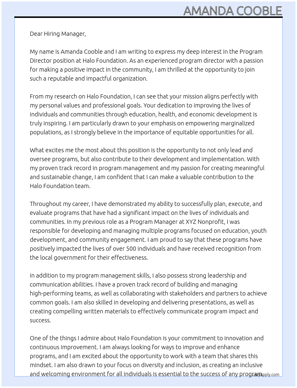 program director At halo foundation Cover Letter