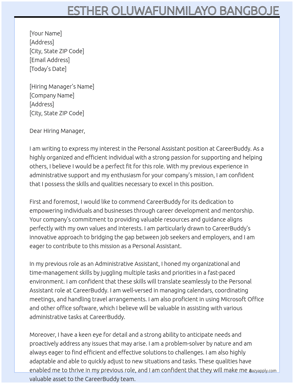 Personal Assistant At CareerBuddy Cover Letter