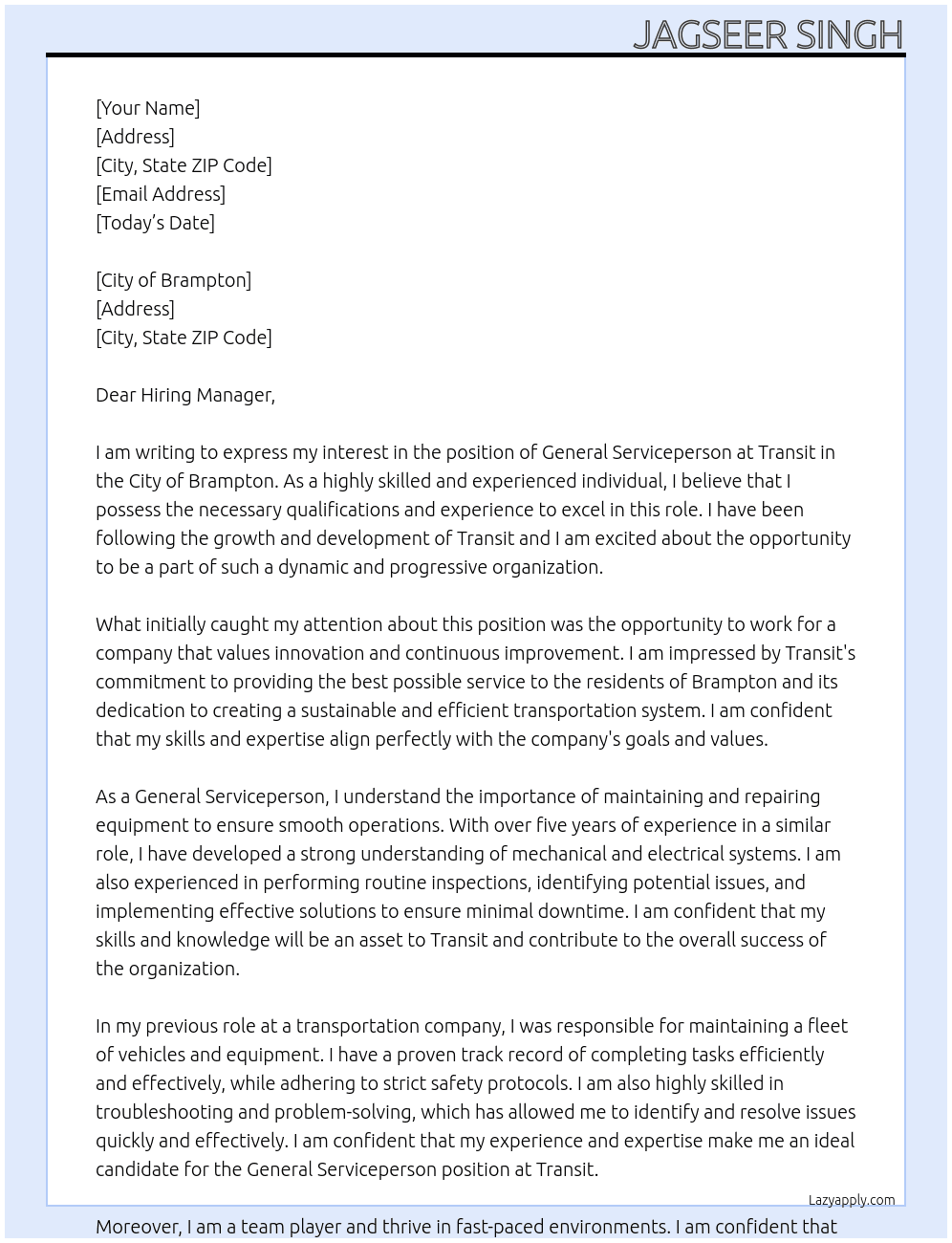 General Serviceperson At Transit Cover Letter