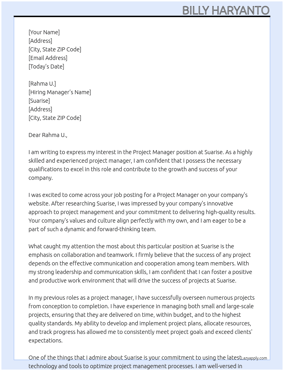 Project Manager At Suarise Cover Letter