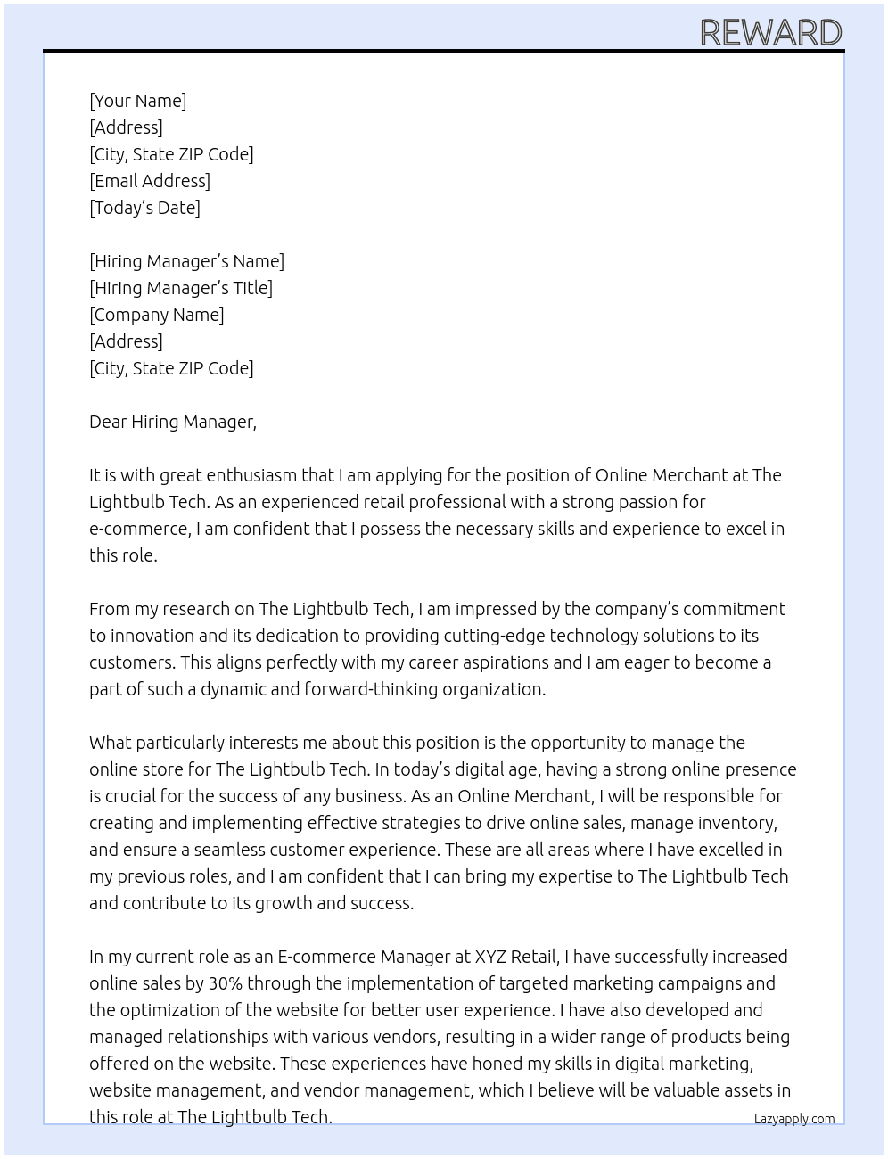 Online merchant  At The lightbulb tech Cover Letter