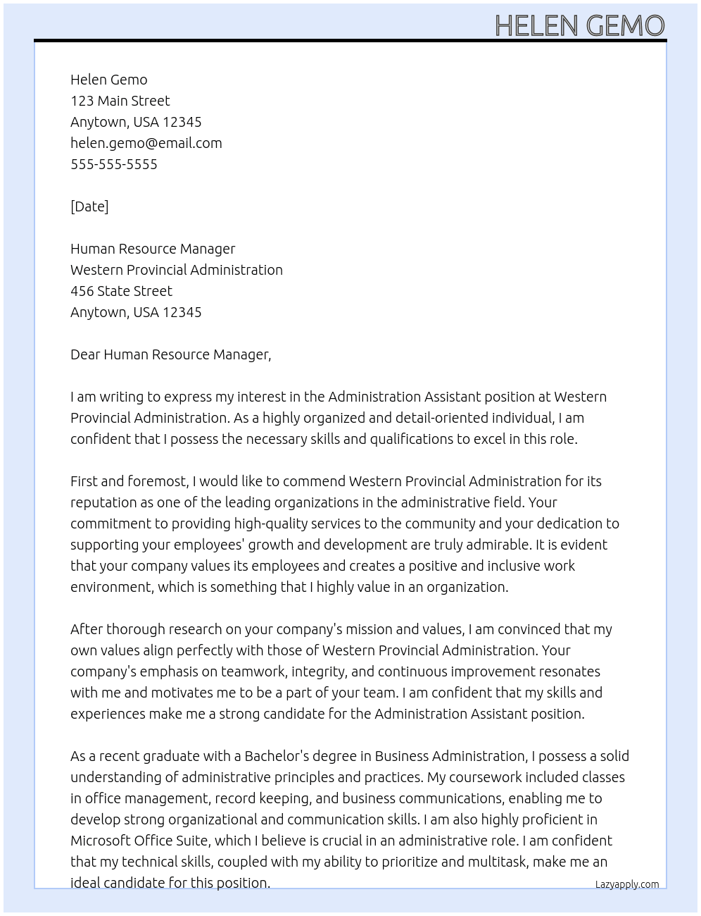 Administration Assistant  At Western Provincial Administration  Cover Letter