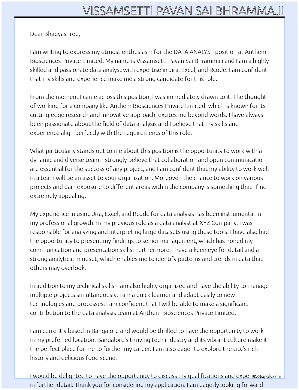 DATA ANALYST At Anthem Biosciences Private Limited Cover Letter