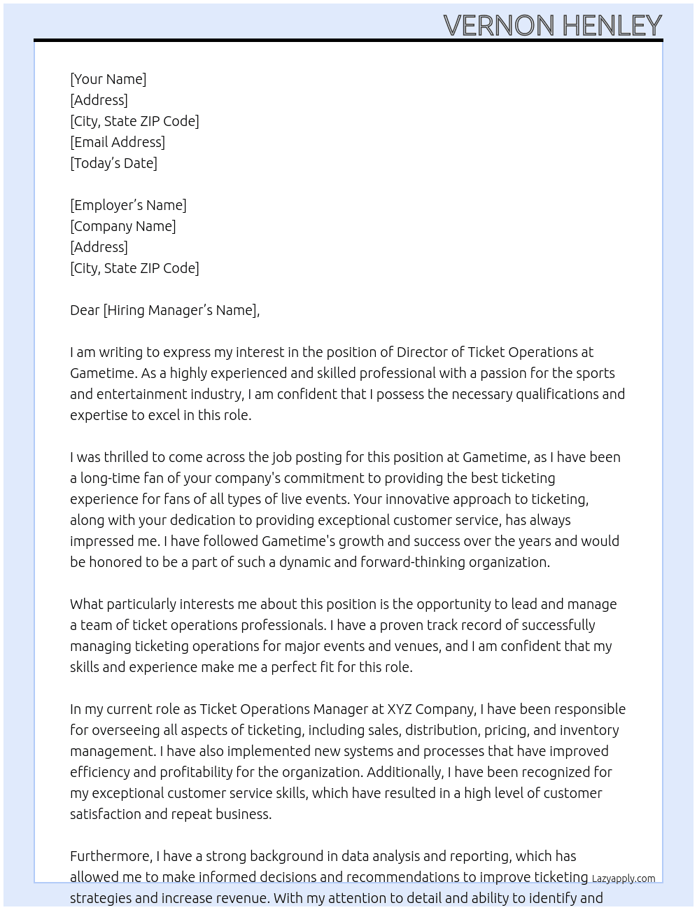 Director of Ticket Operations At Gametime Cover Letter