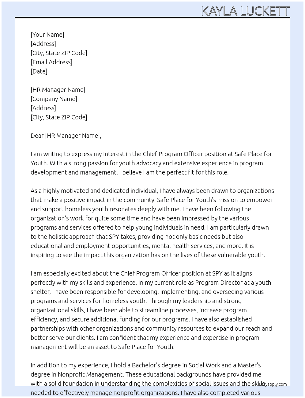 Chief Program Officer At Safe Place for Youth Cover Letter