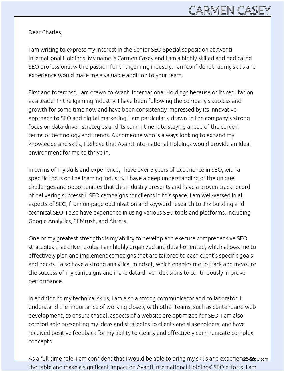 Senior SEO Specialist At Avanti International Holdings Cover Letter