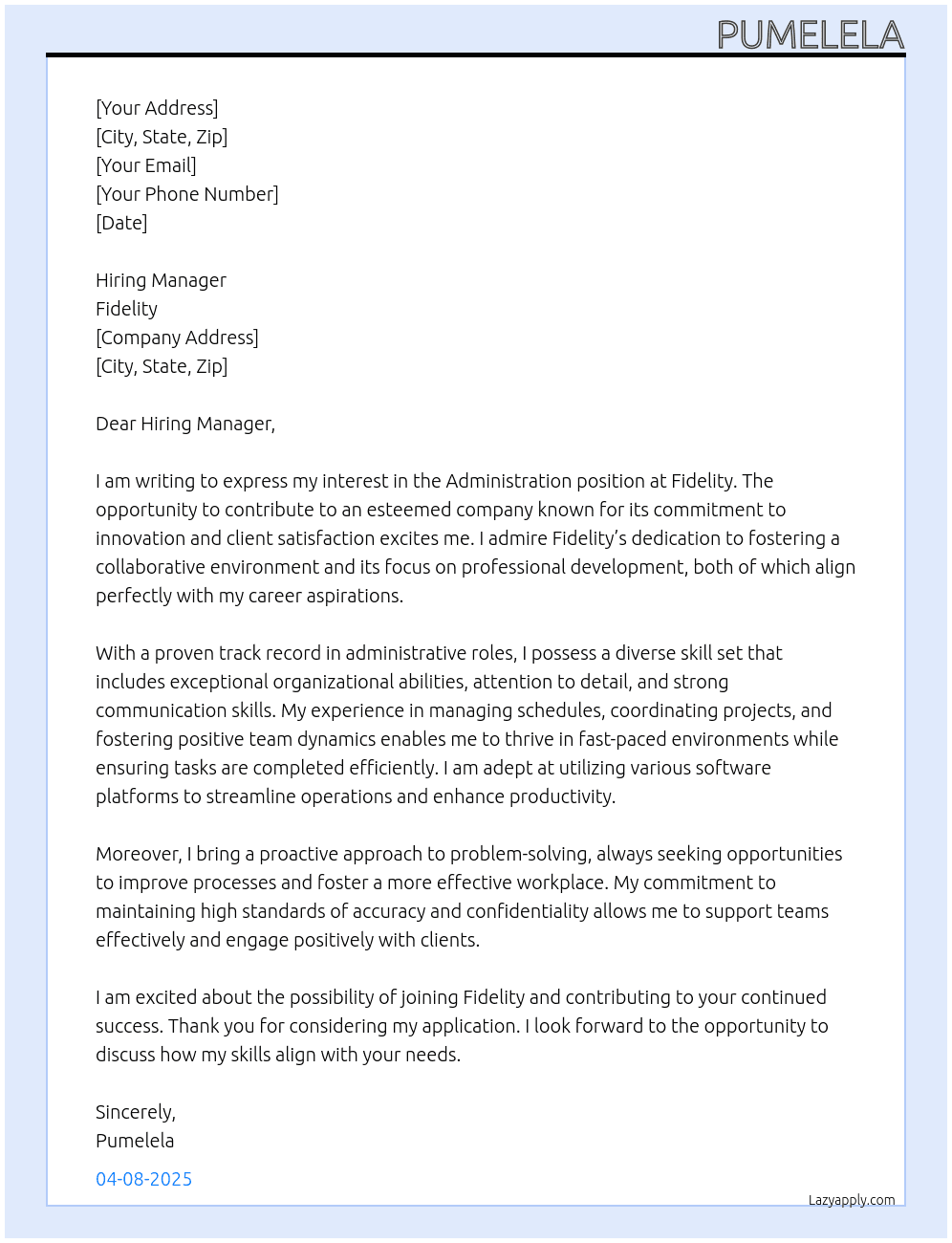Administration At Fidelity Cover Letter