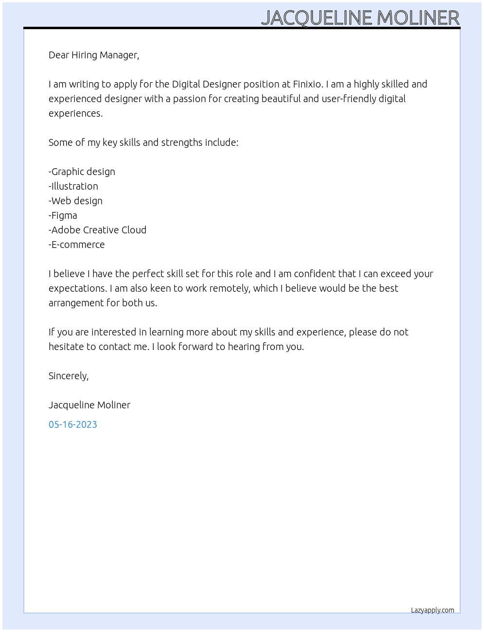 Digital Designer At Finixio Cover Letter