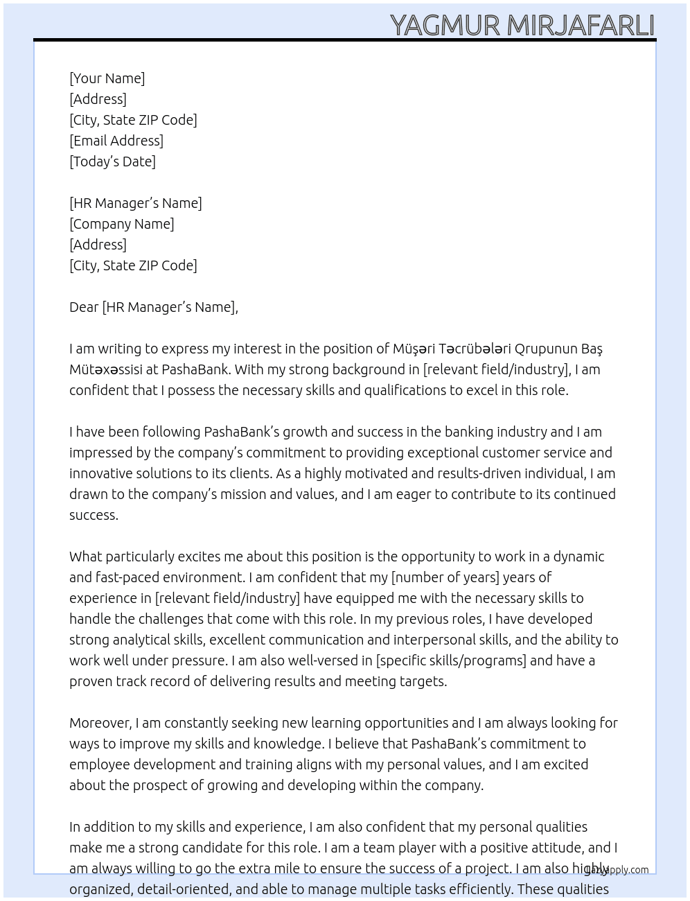 Müşəri Təcrübələri Qrupunun Baş Mütəxəssisi At PashaBank Cover Letter