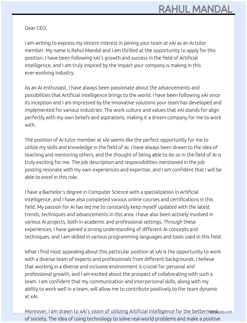 Cover letter for ai tutor member - LazyApply