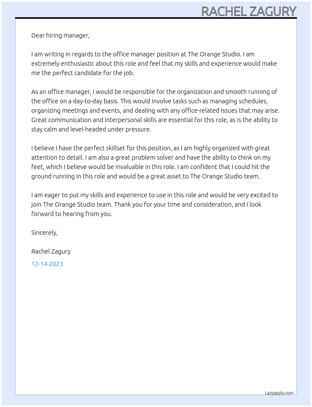Office manager At The Orange Studio Cover Letter