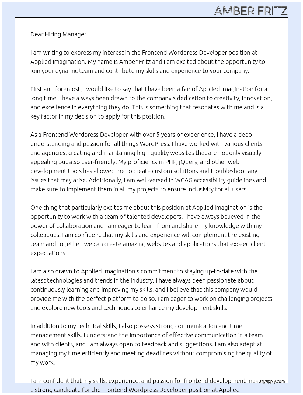 Frontend Wordpress Developer At Applied Imagination Cover Letter