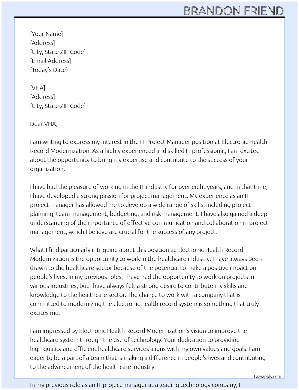IT Project manager At Electronic Health Record Modernization Cover Letter